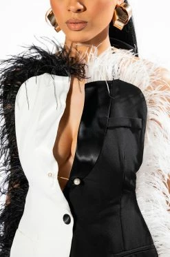 THE ONE FEATHER TRIMMED OPEN BACK BLOUSE -akira shop the one feather trimmed open back blouse black white 6 6
