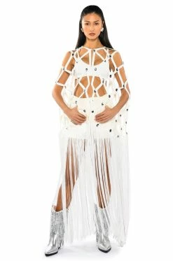WHITE ZELINA FRINGE EMBELLISHED LONG CARDIGAN