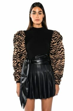 WILD SIDE MOCK NECK FLOCKED PUFF SLEEVE TOP
