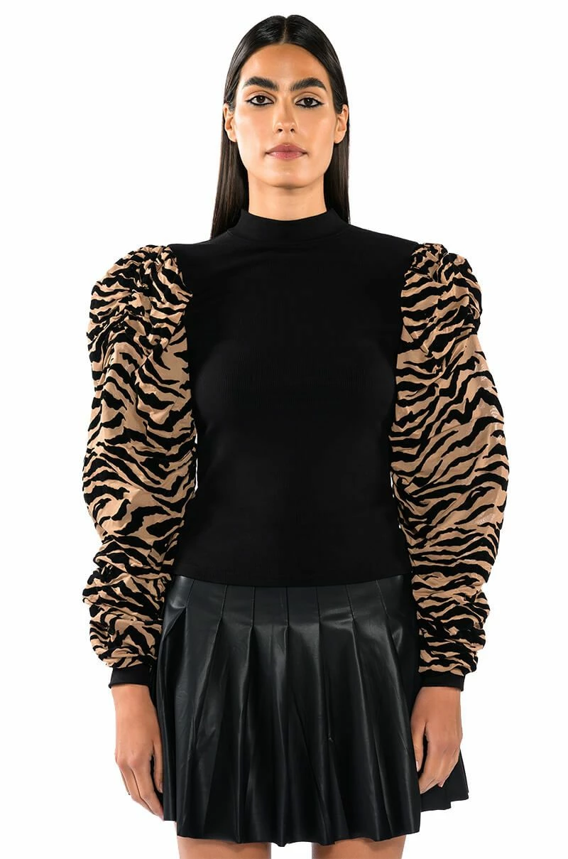 WILD SIDE MOCK NECK FLOCKED PUFF SLEEVE TOP - Image 3