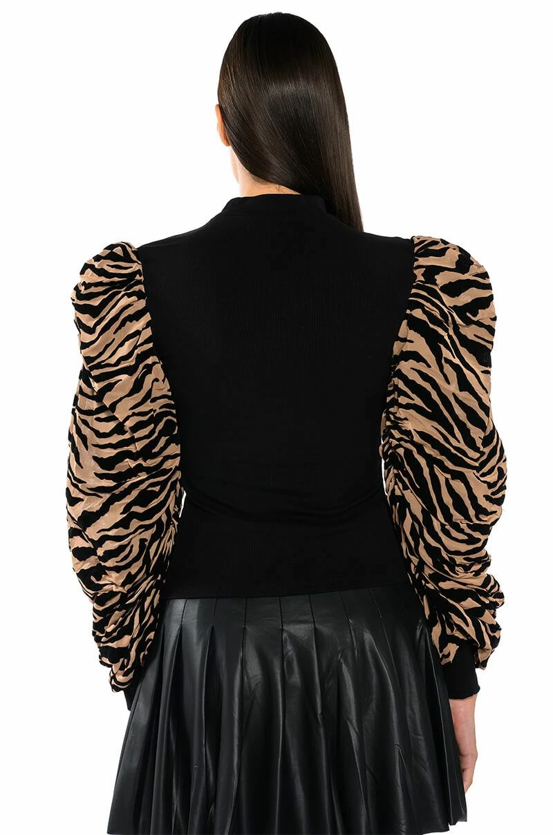 WILD SIDE MOCK NECK FLOCKED PUFF SLEEVE TOP - Image 5